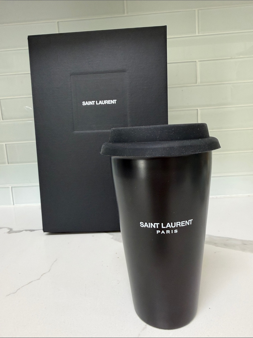 Saint Laurent Black Matte Travel Cup with White Logo